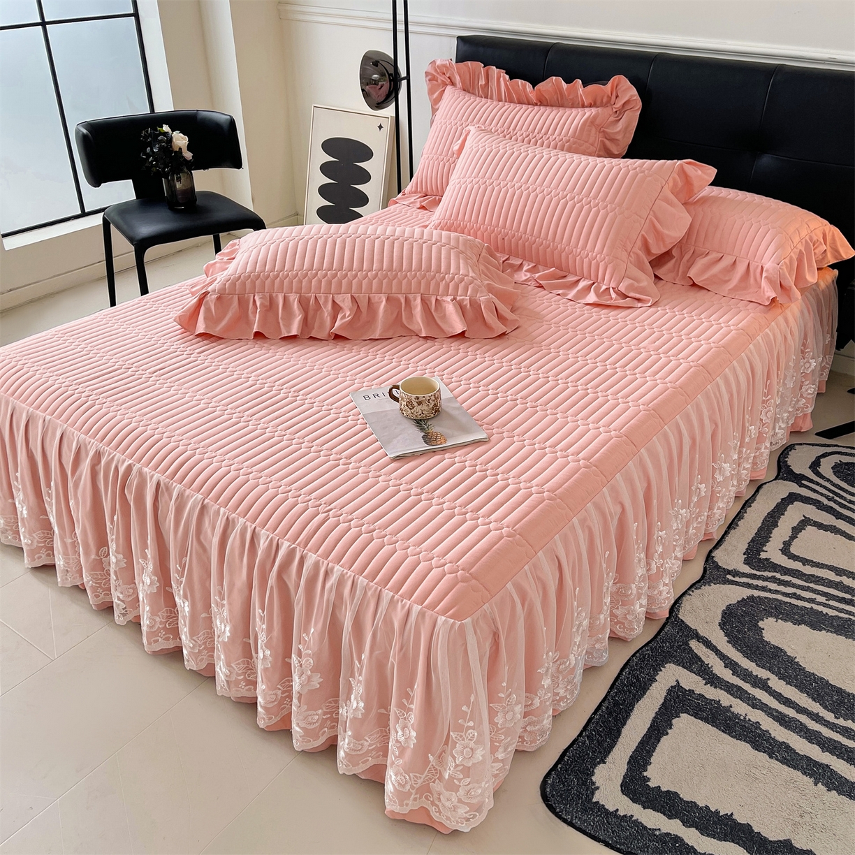 91家纺网 家纺一手货源 找家纺 好儿喜家纺 2025新款A类水洗棉床裙三件套-安妮系列 安妮-浅豆沙