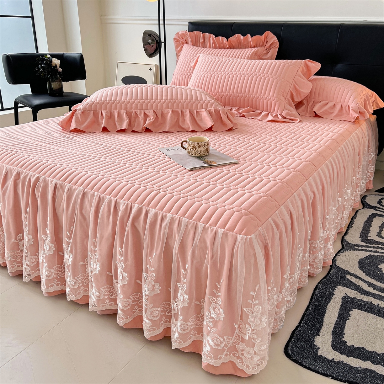 91家纺网 家纺一手货源 找家纺 好儿喜家纺 2025新款A类水洗棉床裙三件套-安妮系列 安妮-浅豆沙