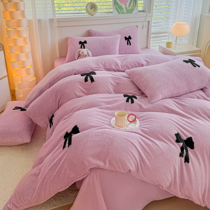 91家纺网 家纺一手货源 找家纺 小叮当家纺仓储工厂店 2025新款舒棉绒提花绣花四件套 舒棉绒提花-蝴蝶结粉色