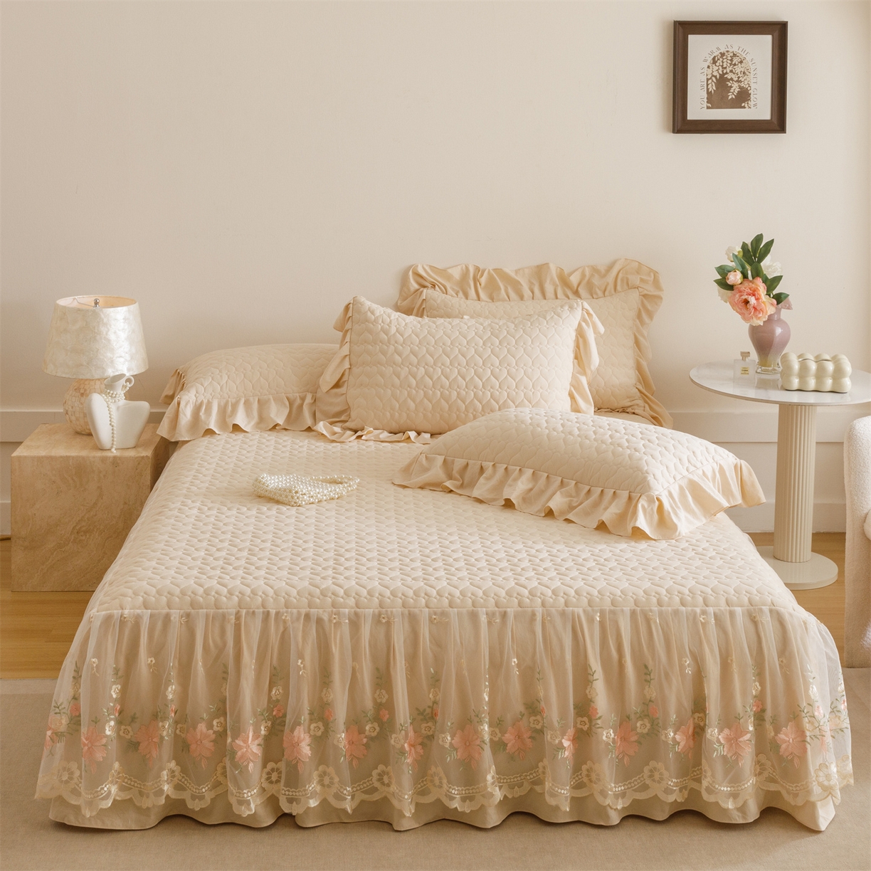 好儿喜家纺 2025新款A类水洗棉床裙三件套-花恋系列 花恋-香槟