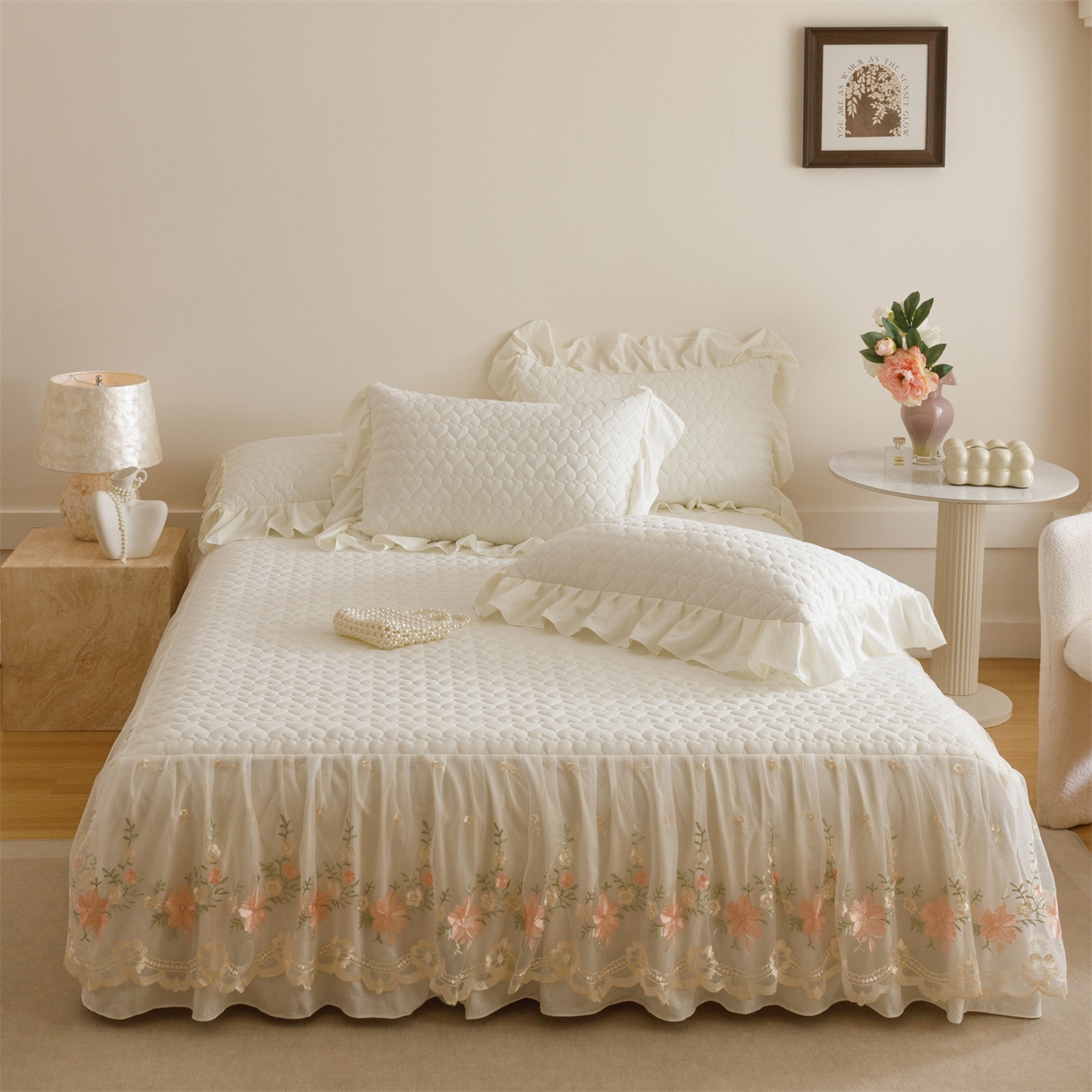 好儿喜家纺 2025新款A类水洗棉床裙三件套-花恋系列 花恋-奶白