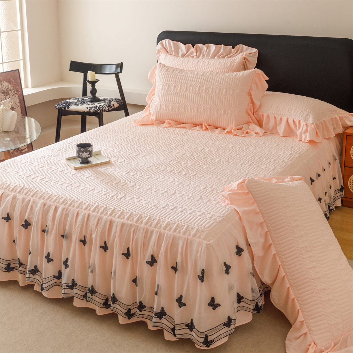 好儿喜家纺 2025新款A类水洗棉床裙三件套-凝香系列 凝香-浅粉