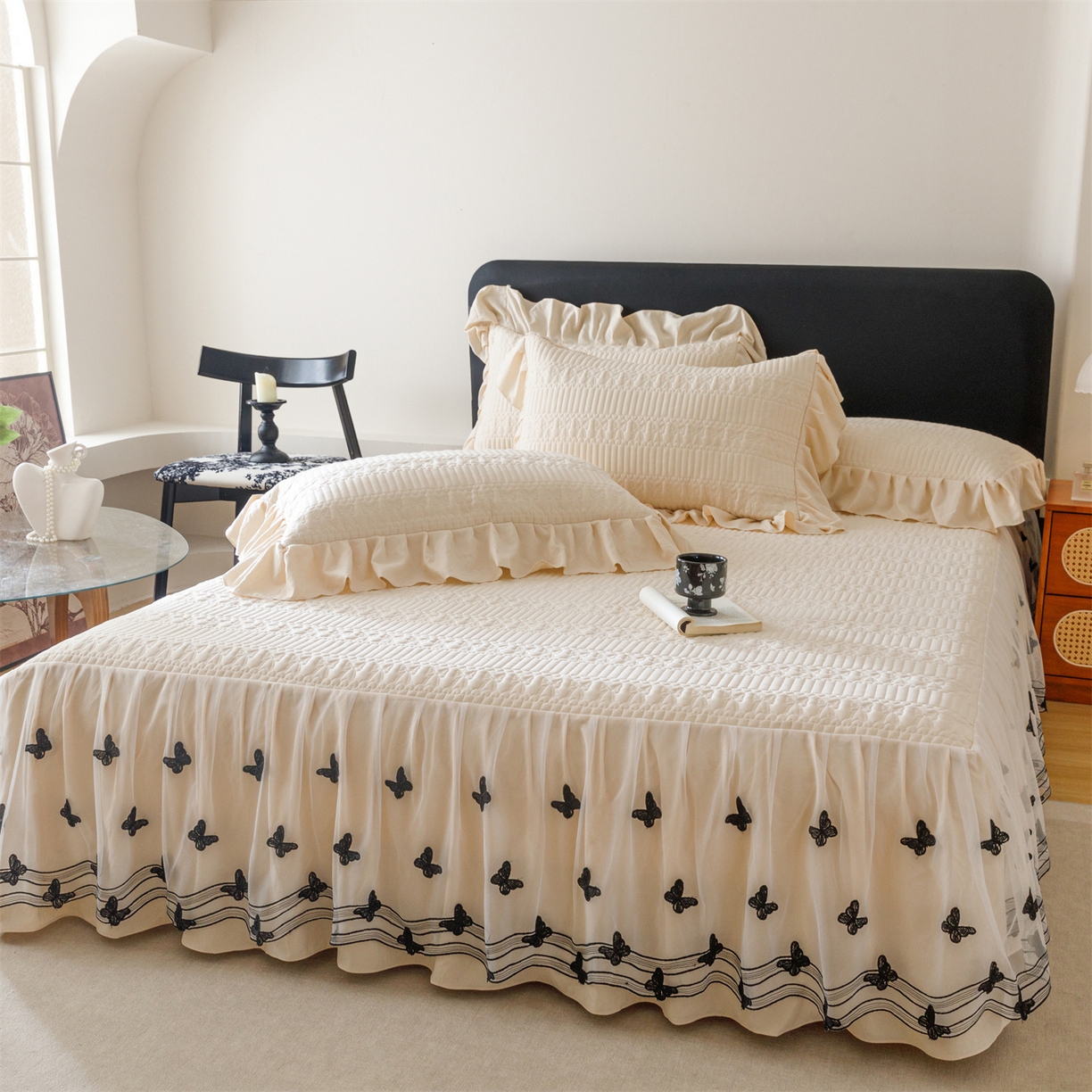 91家纺网 家纺一手货源 找家纺 好儿喜家纺 2025新款A类水洗棉床裙三件套-凝香系列 凝香-香槟