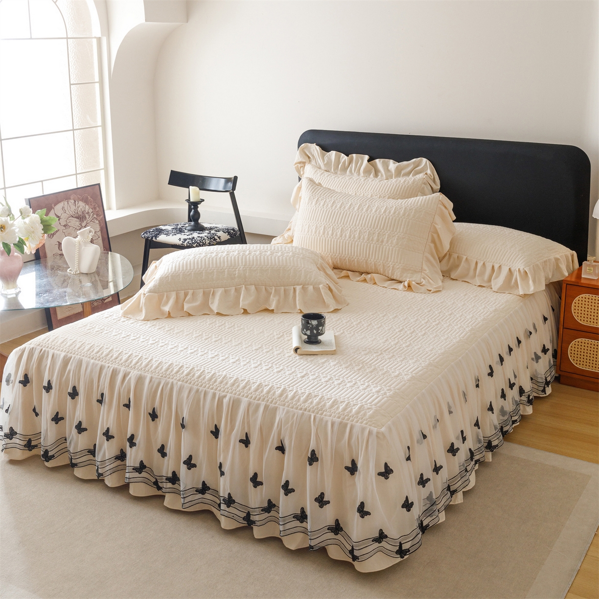 91家纺网 家纺一手货源 找家纺 好儿喜家纺 2025新款A类水洗棉床裙三件套-凝香系列 凝香-香槟