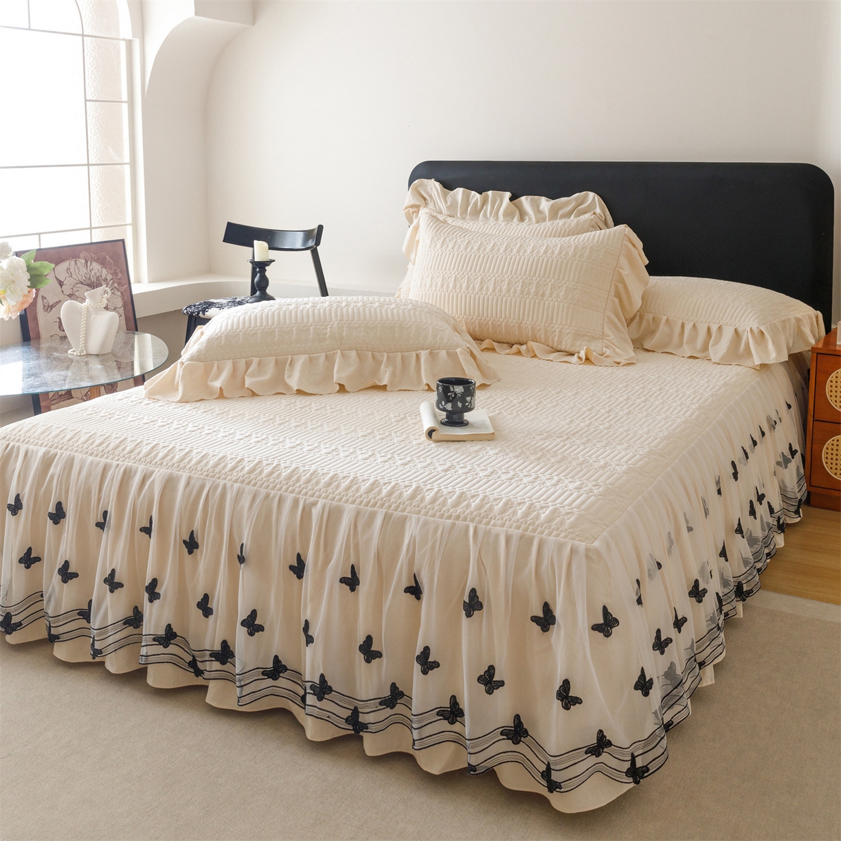 91家纺网 家纺一手货源 找家纺 好儿喜家纺 2025新款A类水洗棉床裙三件套-凝香系列 凝香-香槟