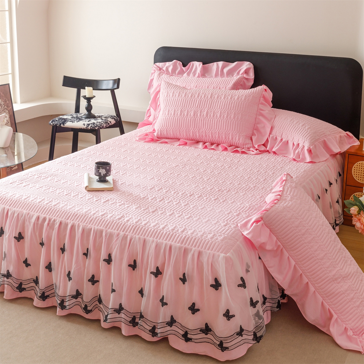 好儿喜家纺 2025新款A类水洗棉床裙三件套-凝香系列 凝香-粉