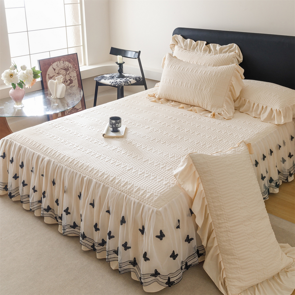 91家纺网 家纺一手货源 找家纺 好儿喜家纺 2025新款A类水洗棉床裙三件套-凝香系列 凝香-香槟