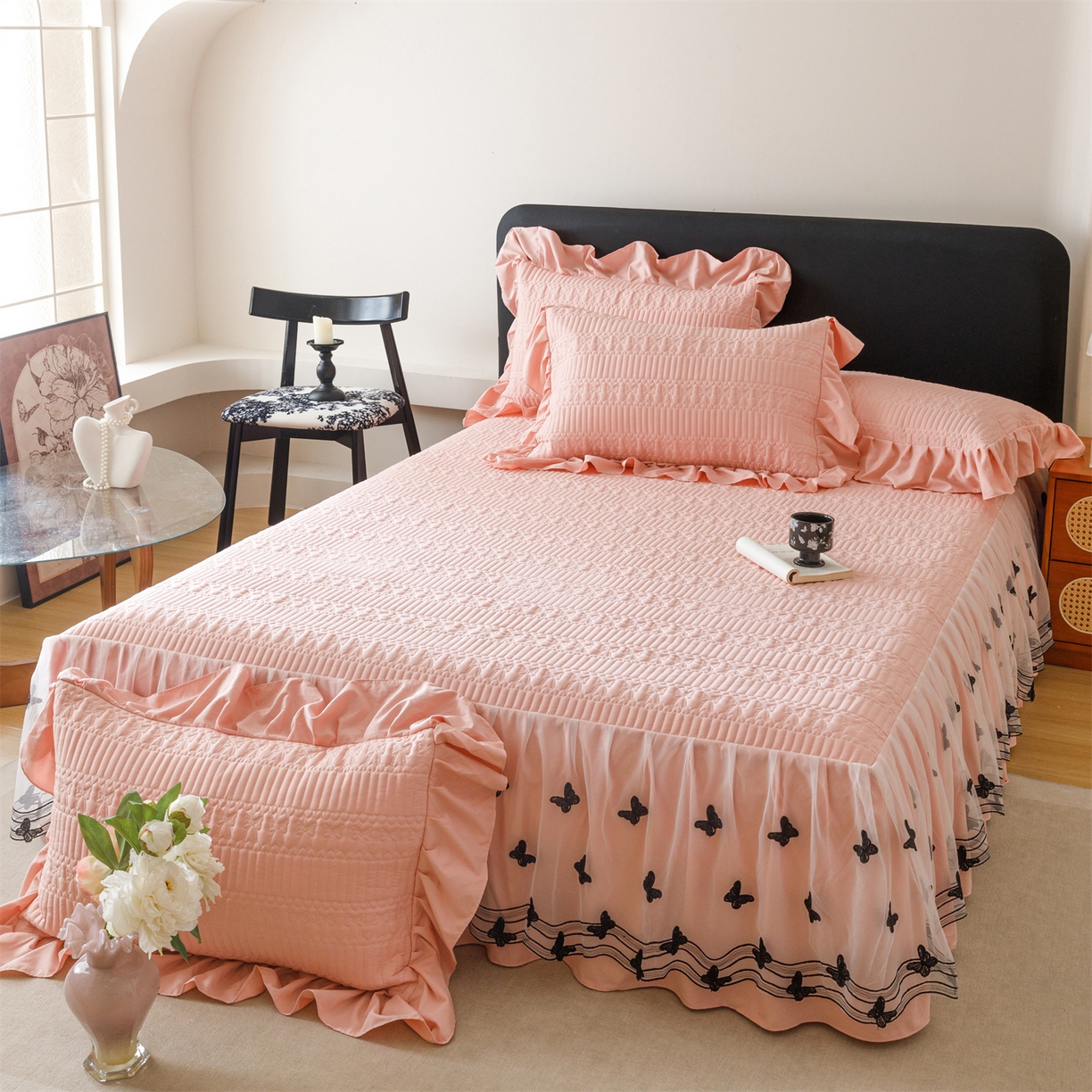 91家纺网 家纺一手货源 找家纺 好儿喜家纺 2025新款A类水洗棉床裙三件套-凝香系列 凝香-豆沙