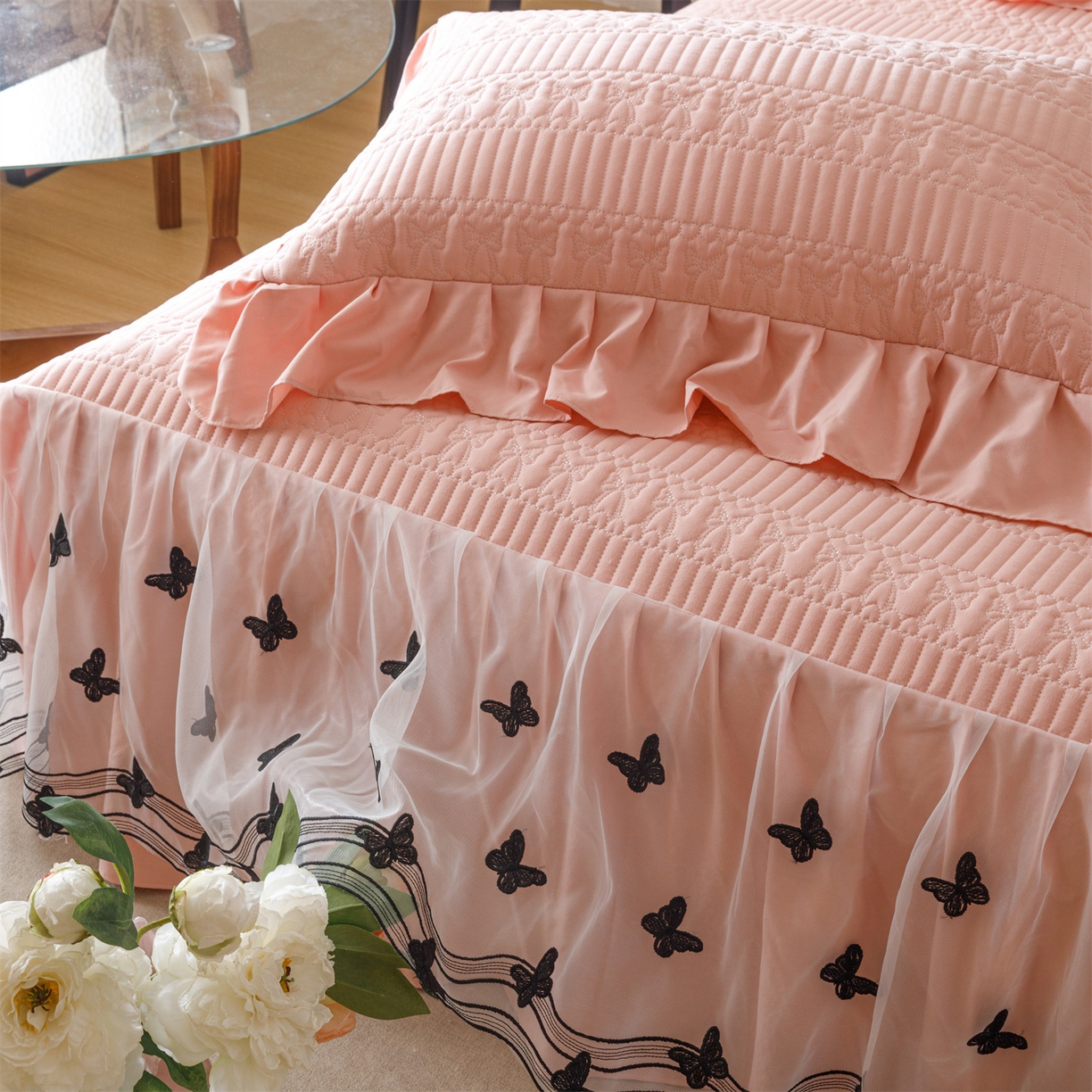 91家纺网 家纺一手货源 找家纺 好儿喜家纺 2025新款A类水洗棉床裙三件套-凝香系列 凝香-豆沙