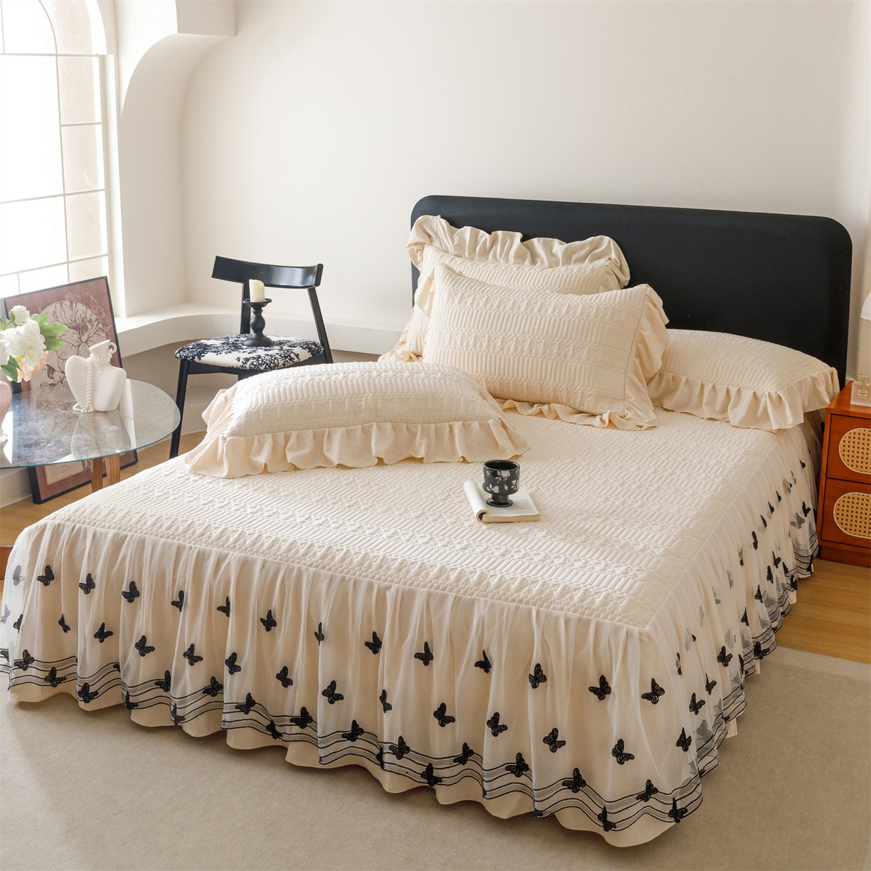 91家纺网 家纺一手货源 找家纺 好儿喜家纺 2025新款A类水洗棉床裙三件套-凝香系列 凝香-香槟