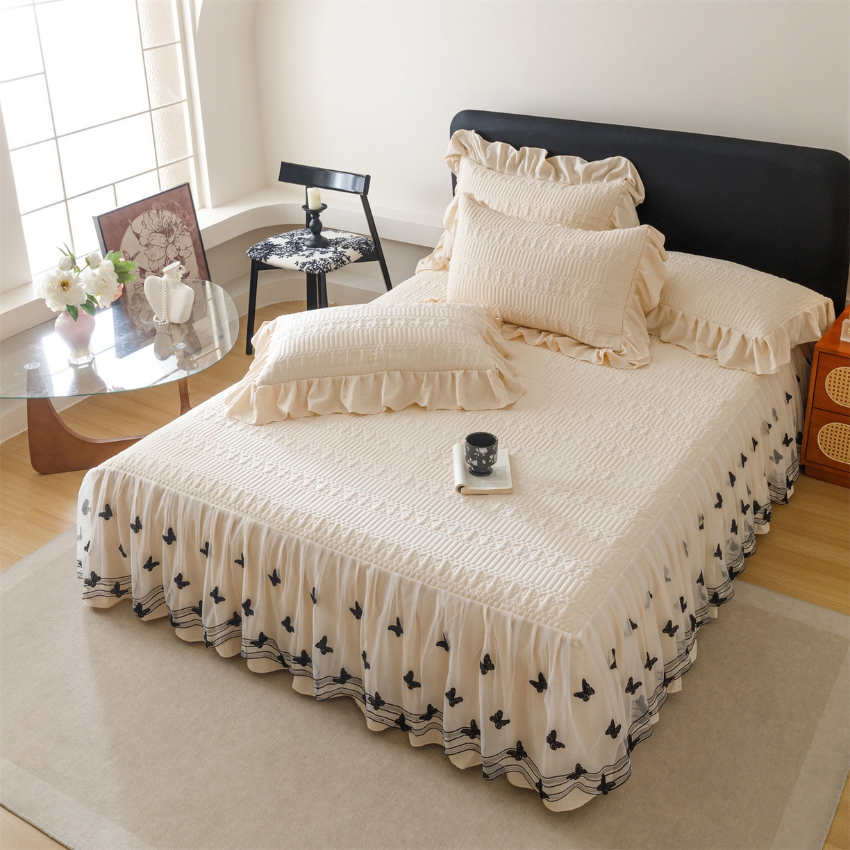 91家纺网 家纺一手货源 找家纺 好儿喜家纺 2025新款A类水洗棉床裙三件套-凝香系列 凝香-香槟