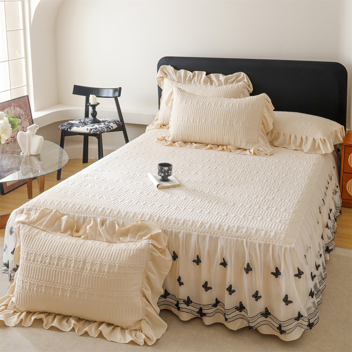 91家纺网 家纺一手货源 找家纺 好儿喜家纺 2025新款A类水洗棉床裙三件套-凝香系列 凝香-香槟