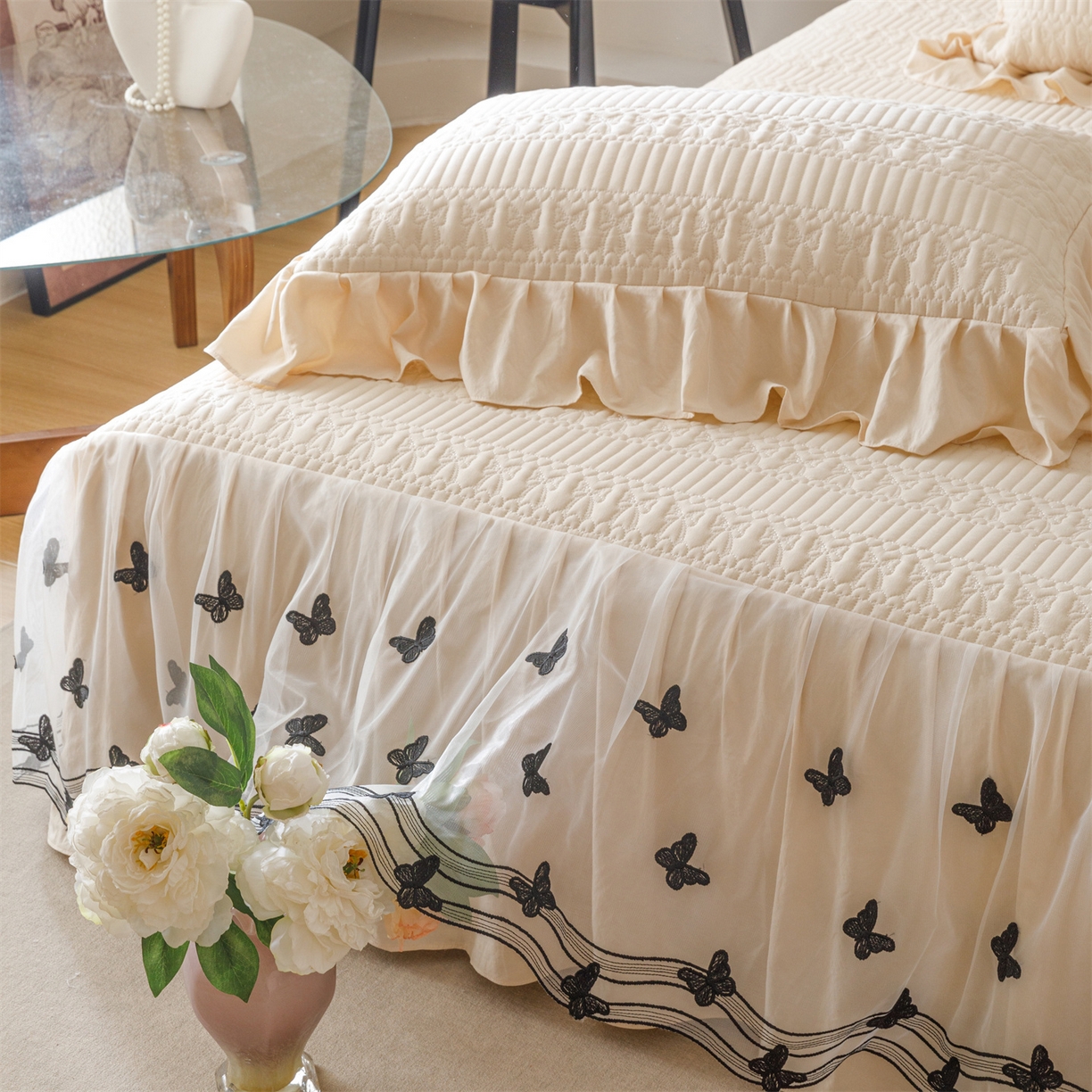 91家纺网 家纺一手货源 找家纺 好儿喜家纺 2025新款A类水洗棉床裙三件套-凝香系列 凝香-香槟