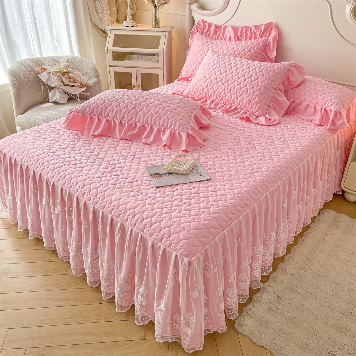 91家纺网 家纺一手货源 找家纺 （总）好儿喜家纺 2025新款A类水洗棉床裙三件套-心语系列