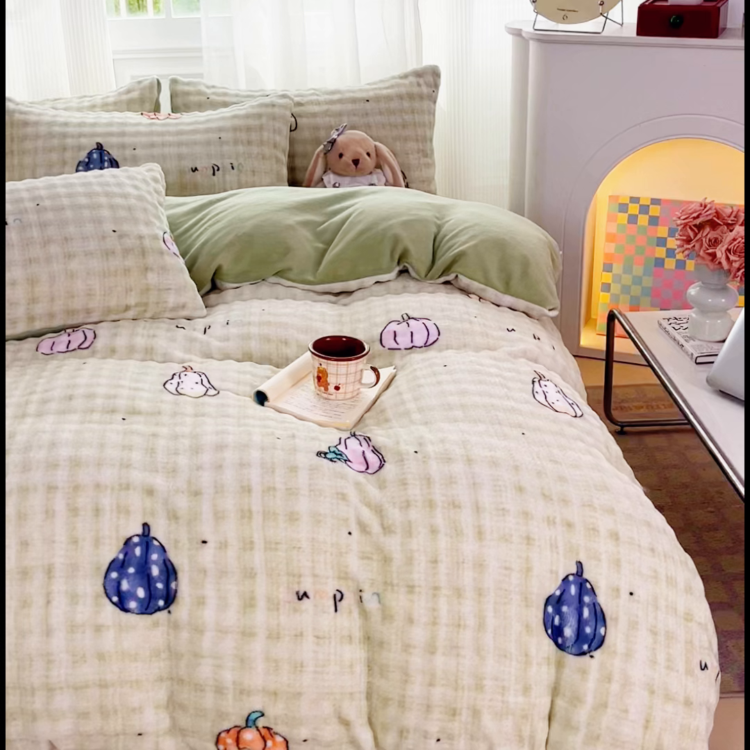 91家纺网 家纺一手货源 找家纺 梦纤绒 2025新款保暖舒适亲肤泡泡绒四件套绿南瓜