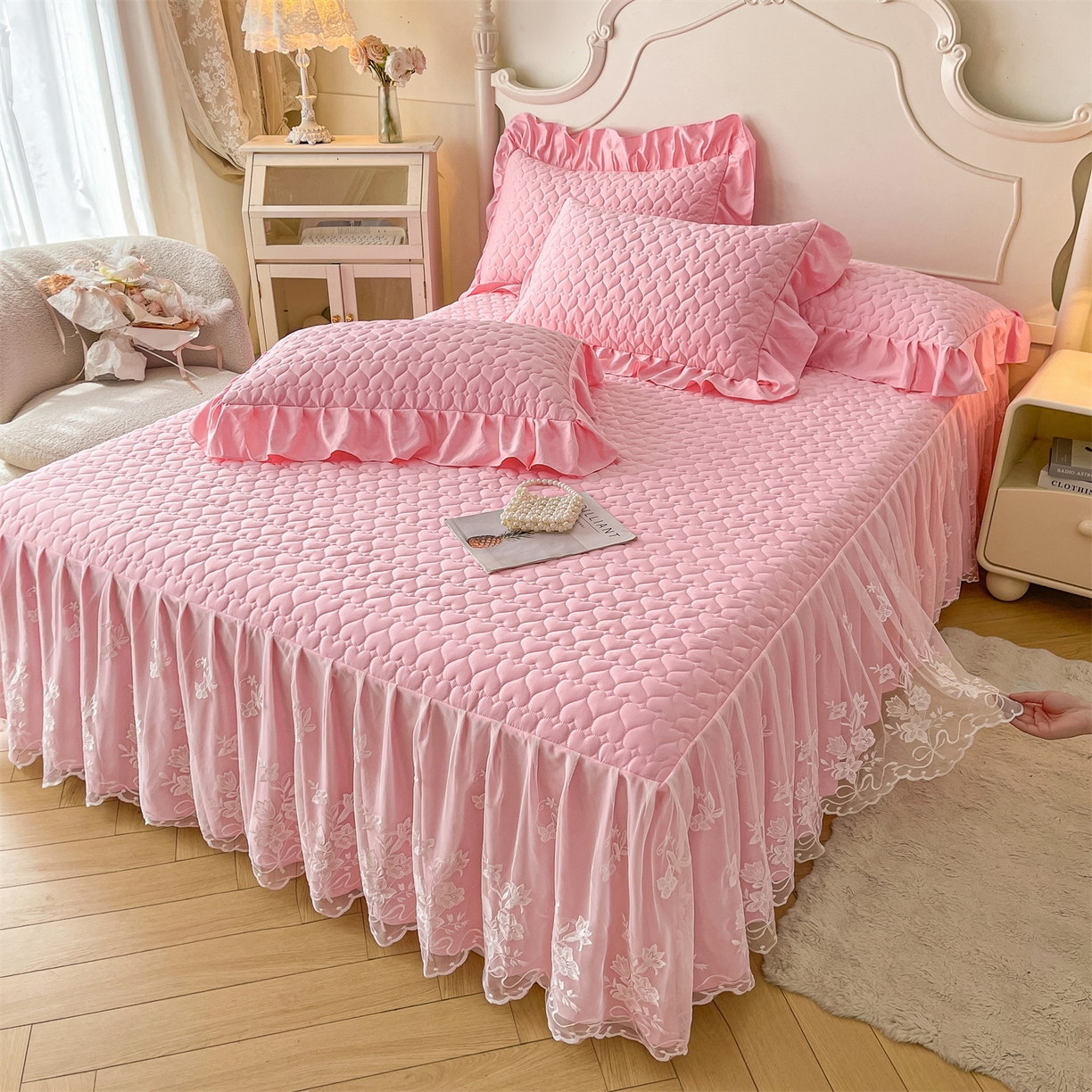 好儿喜家纺 2025新款A类水洗棉床裙三件套-心语系列 心语-粉