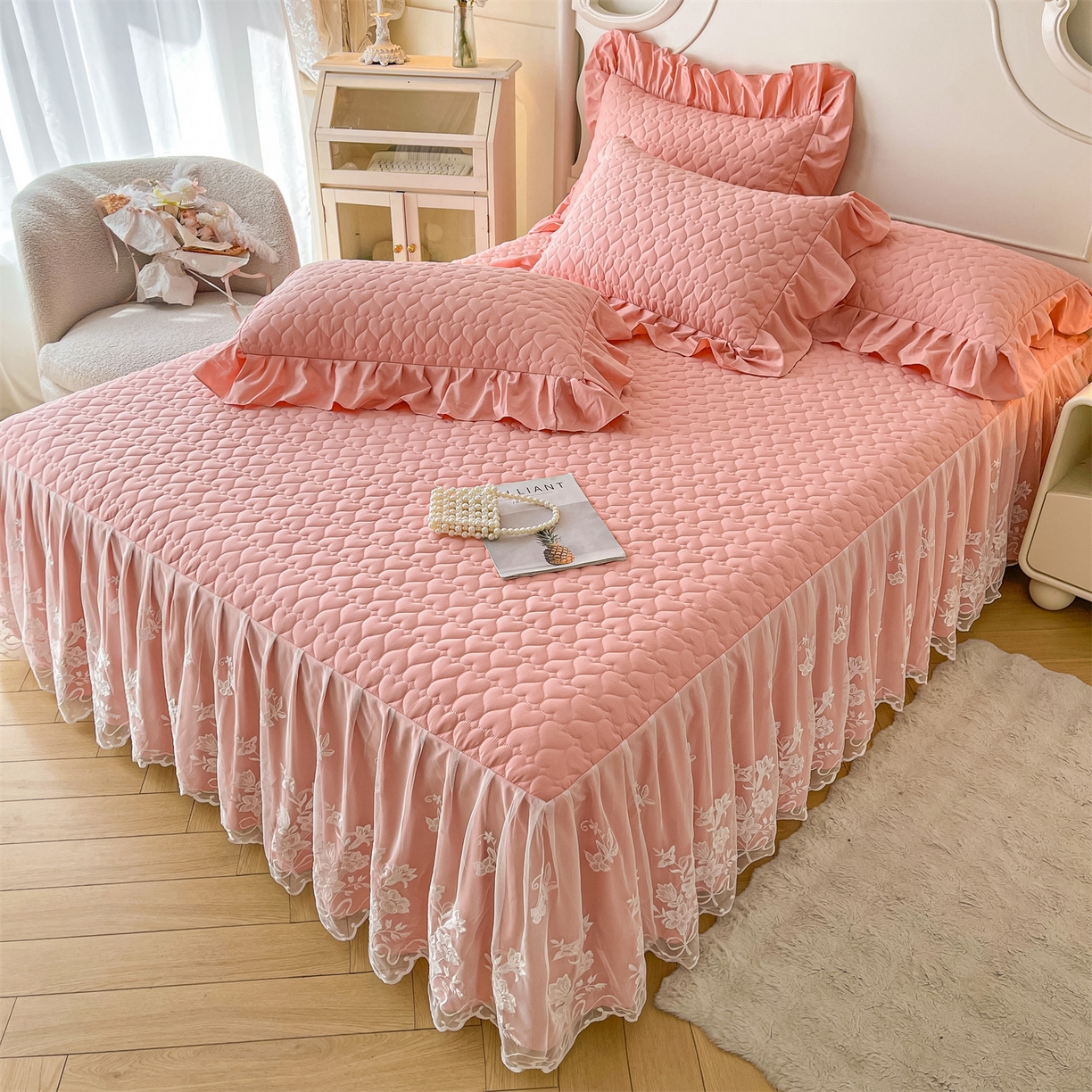 91家纺网 家纺一手货源 找家纺 好儿喜家纺 2025新款A类水洗棉床裙三件套-心语系列 心语-浅豆沙