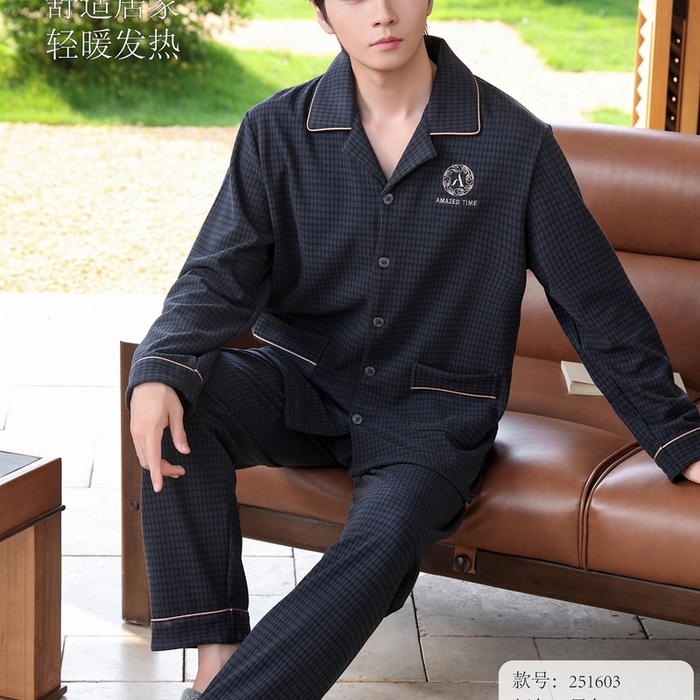 91家纺网 家纺一手货源 找家纺 洛兰沙家居馆 2025新款德绒绵竹加厚300克情侣睡衣男女款睡衣（翻领） 251603-2（男款）