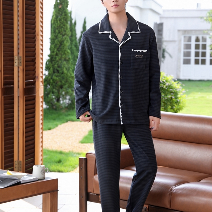 91家纺网 家纺一手货源 找家纺 洛兰沙家居馆 2025新款德绒绵竹加厚300克情侣睡衣男女款睡衣（翻领） 251606-1（男款）