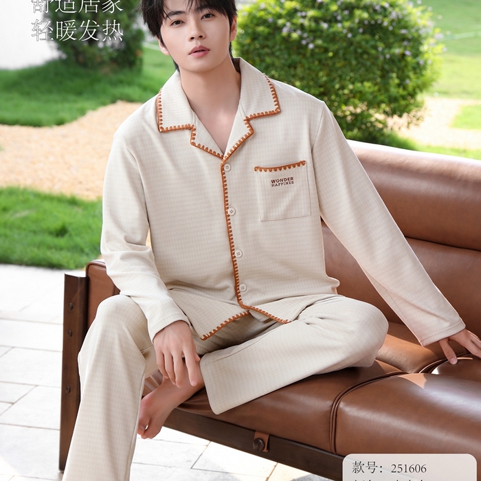 91家纺网 家纺一手货源 找家纺 洛兰沙家居馆 2025新款德绒绵竹加厚300克情侣睡衣男女款睡衣（翻领） 251606-2（男款）