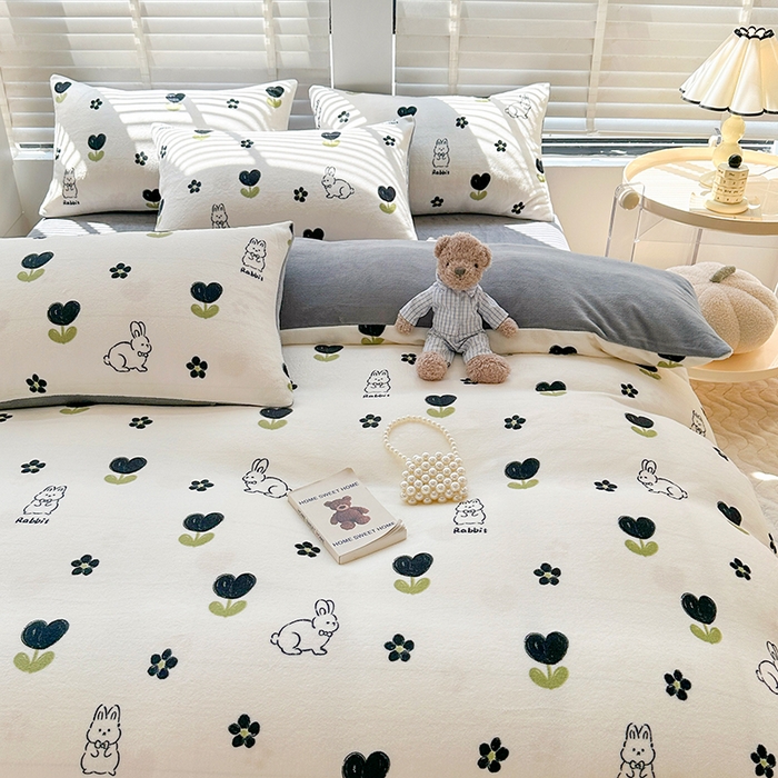 91家纺网 家纺一手货源 找家纺 斯卡诺家纺 2025小清新加厚高克重牛奶绒四件套网红直播爆款 北欧兔