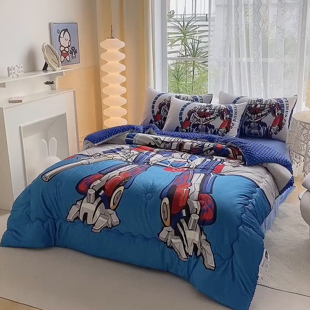 91家纺网 家纺一手货源 找家纺 一电 跨境电商可真空儿童豆豆被幼儿园秋冬被芯宝宝婴儿午睡小盖被盖毯小宝宝四季通用 圈圈机器人