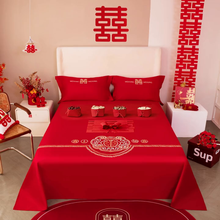 91家纺网 家纺一手货源 找家纺 卓缦 2024新款婚庆刺绣单床单单床笠 床单三件套床笠三件套 喜上加喜