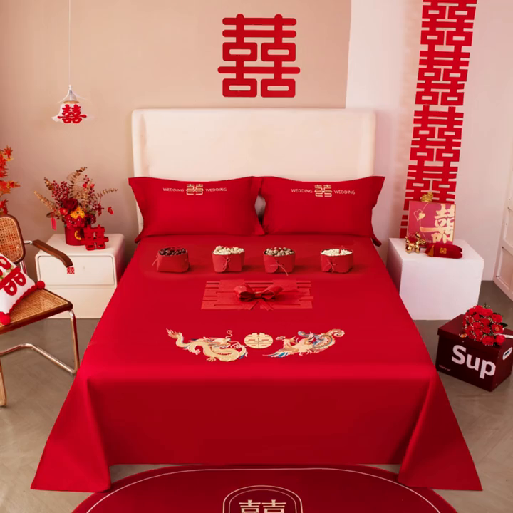 91家纺网 家纺一手货源 找家纺 卓缦 2024新款婚庆刺绣单床单单床笠 床单三件套床笠三件套 龙凤喜事