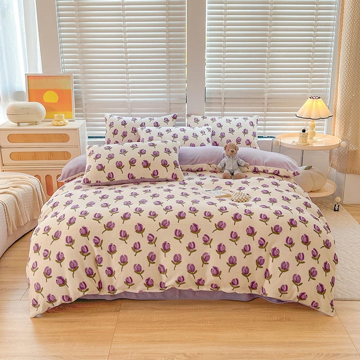 91家纺网 家纺一手货源 找家纺 斯卡诺家纺 2025小清新加厚高克重牛奶绒四件套网红直播爆款 贝拉