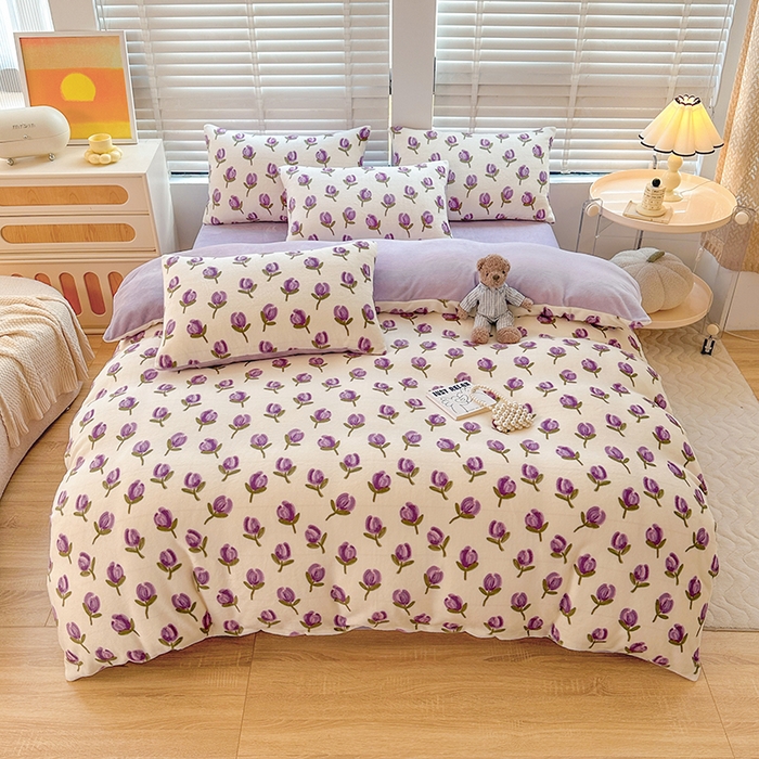 91家纺网 家纺一手货源 找家纺 斯卡诺家纺 2025小清新加厚高克重牛奶绒四件套网红直播爆款 贝拉