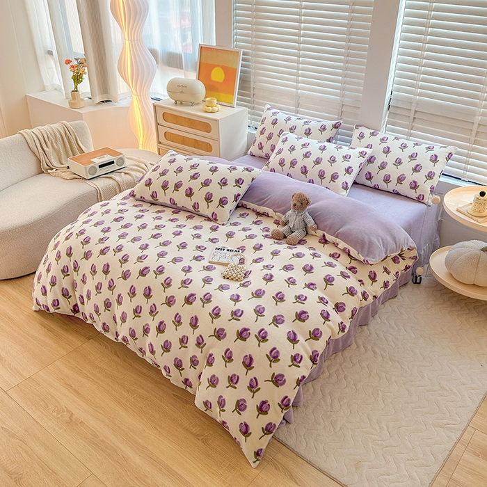 91家纺网 家纺一手货源 找家纺 斯卡诺家纺 2025小清新加厚高克重牛奶绒四件套网红直播爆款 贝拉