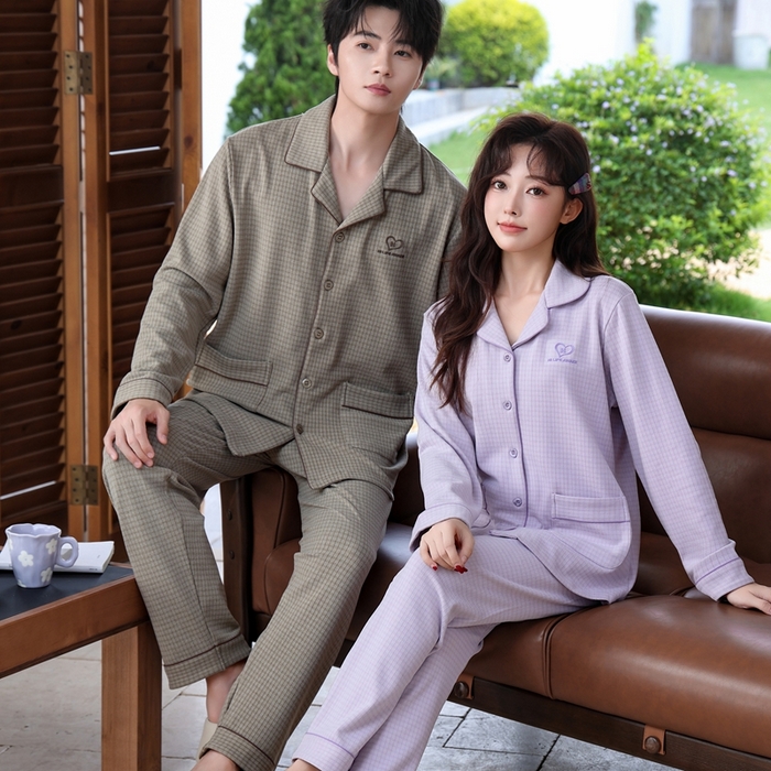 91家纺网 家纺一手货源 找家纺 洛兰沙家居馆 2025新款德绒绵竹加厚300克情侣睡衣男女款睡衣（翻领） 259633-1（情侣款女）