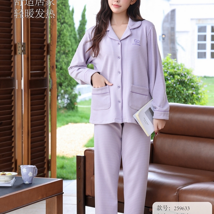 91家纺网 家纺一手货源 找家纺 洛兰沙家居馆 2025新款德绒绵竹加厚300克情侣睡衣男女款睡衣（翻领） 259633-1（情侣款女）