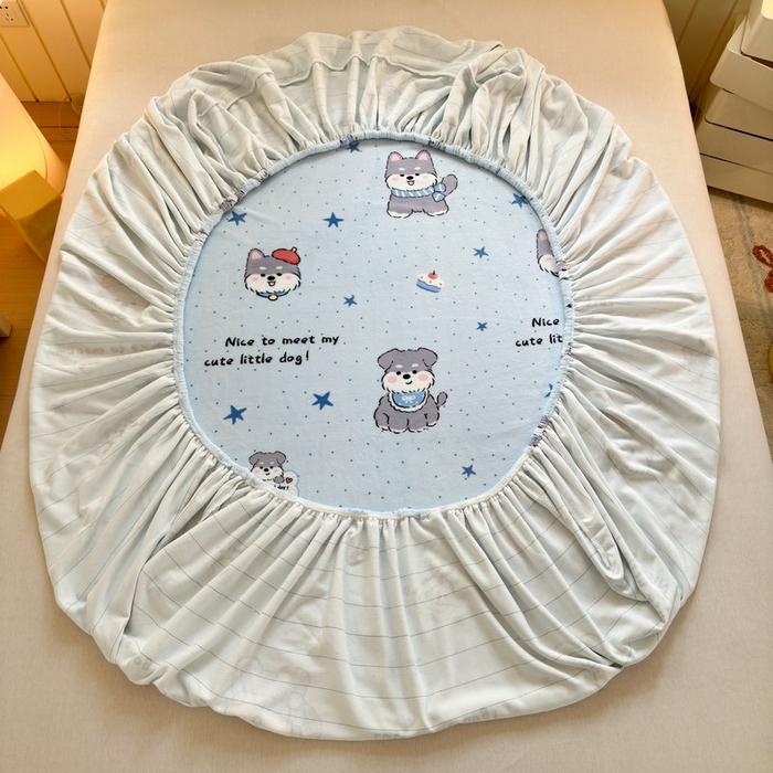 91家纺网 家纺一手货源 找家纺 丽美人家纺 2025年牛奶绒小版印花床笠单床笠床笠单件 甜心猫咪-蓝