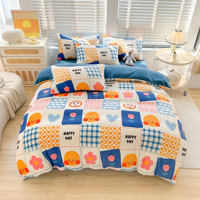 91家纺网 家纺一手货源 找家纺 斯卡诺家纺 2025小清新加厚高克重牛奶绒四件套网红直播爆款 兰心小鸭