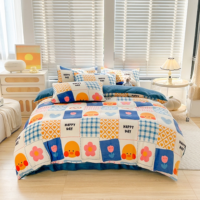 91家纺网 家纺一手货源 找家纺 斯卡诺家纺 2025小清新加厚高克重牛奶绒四件套网红直播爆款 兰心小鸭