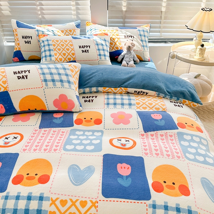 91家纺网 家纺一手货源 找家纺 斯卡诺家纺 2025小清新加厚高克重牛奶绒四件套网红直播爆款 兰心小鸭