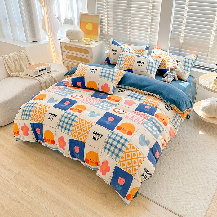 91家纺网 家纺一手货源 找家纺 斯卡诺家纺 2025小清新加厚高克重牛奶绒四件套网红直播爆款 兰心小鸭