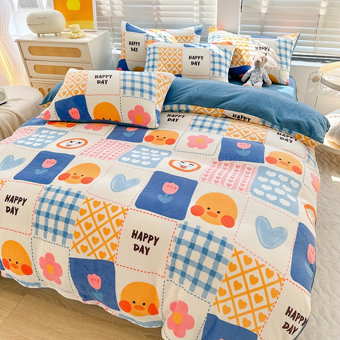 91家纺网 家纺一手货源 找家纺 斯卡诺家纺 2025小清新加厚高克重牛奶绒四件套网红直播爆款 兰心小鸭