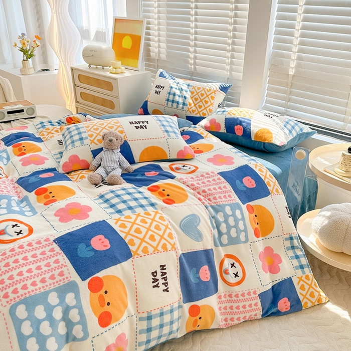 91家纺网 家纺一手货源 找家纺 斯卡诺家纺 2025小清新加厚高克重牛奶绒四件套网红直播爆款 兰心小鸭