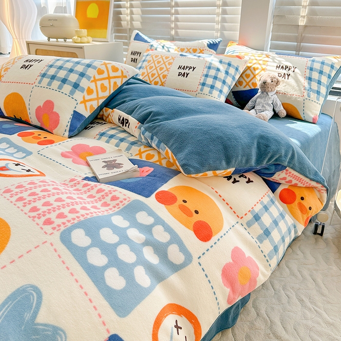 91家纺网 家纺一手货源 找家纺 斯卡诺家纺 2025小清新加厚高克重牛奶绒四件套网红直播爆款 兰心小鸭