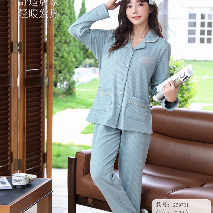 91家纺网 家纺一手货源 找家纺 洛兰沙家居馆 2025新款德绒绵竹加厚300克情侣睡衣男女款睡衣（翻领） 259731（情侣款女）