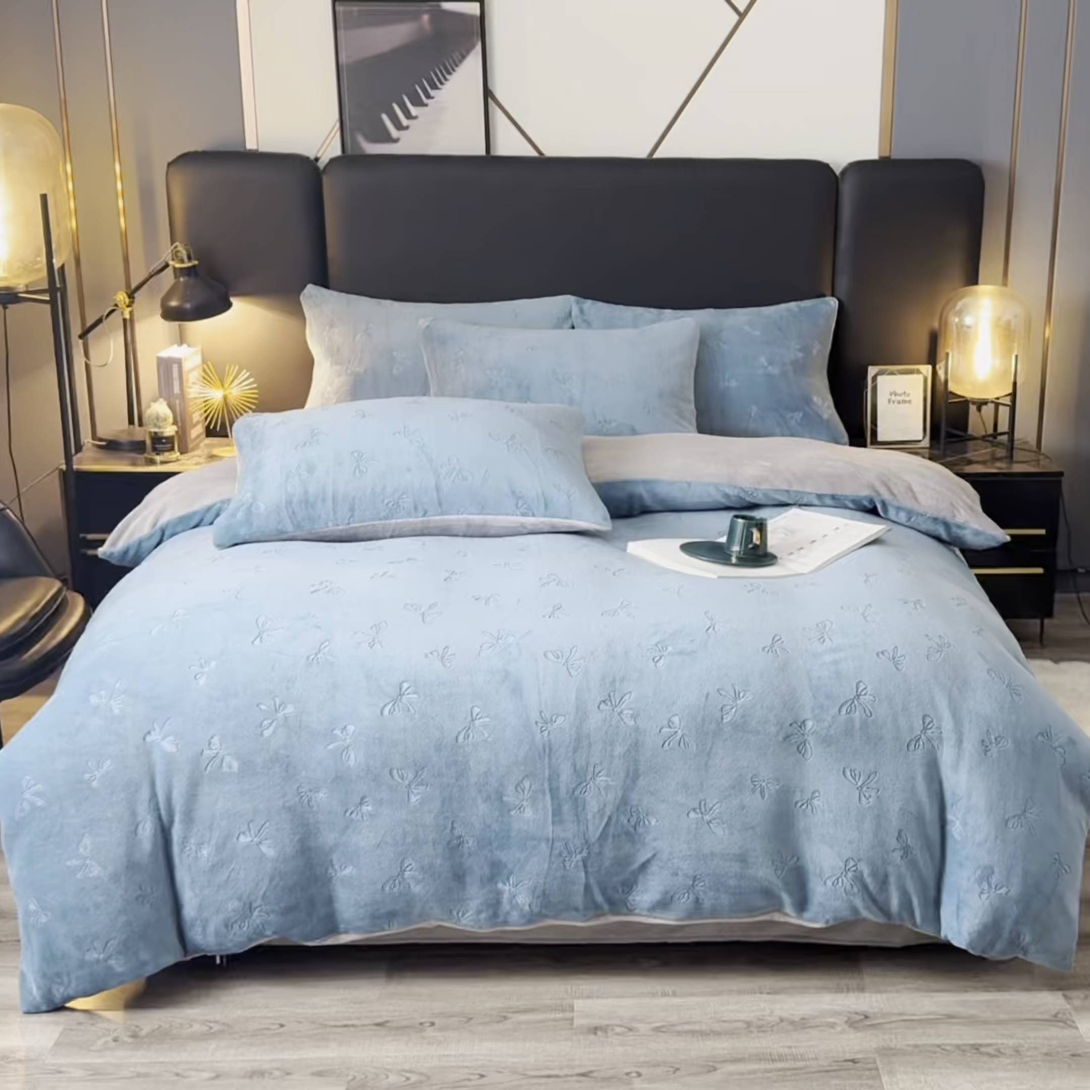 91家纺网 家纺一手货源 找家纺 米瑞娜 2025新款牛奶绒四件套 蝴蝶结-蓝灰