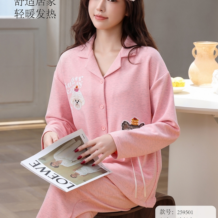91家纺网 家纺一手货源 找家纺 洛兰沙家居馆 2025新款德绒绵竹加厚300克情侣睡衣男女款睡衣（翻领） 259501-1（女款）