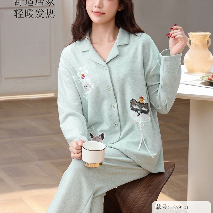 91家纺网 家纺一手货源 找家纺 洛兰沙家居馆 2025新款德绒绵竹加厚300克情侣睡衣男女款睡衣（翻领） 259501-2（女款）