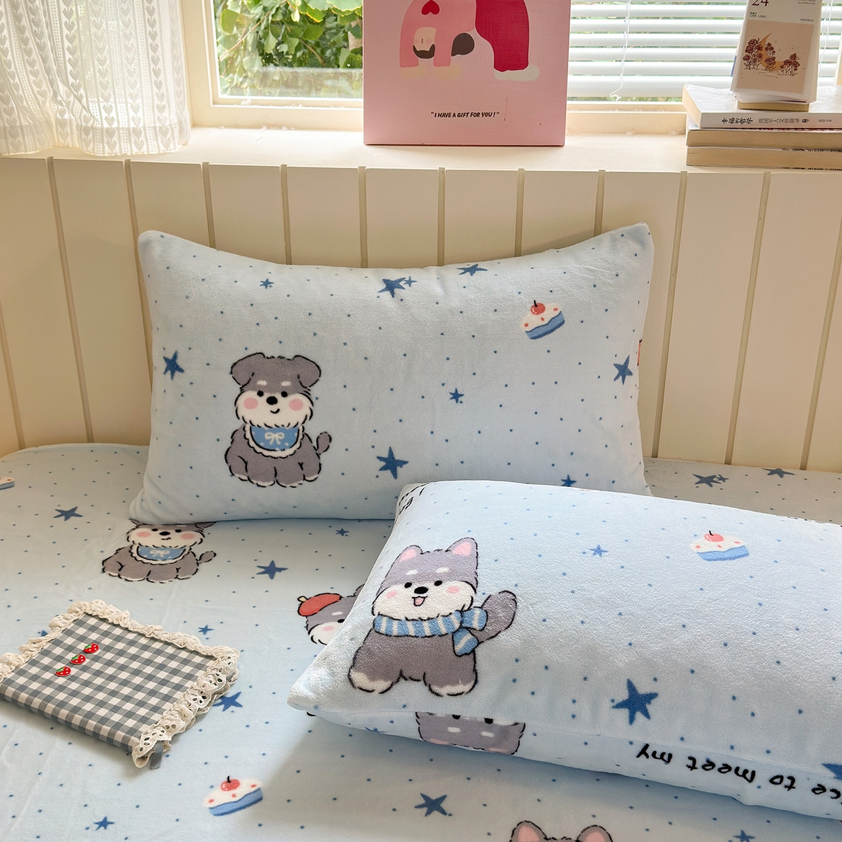 丽美人家纺 2025新款牛奶绒小版枕套 甜心猫咪-蓝