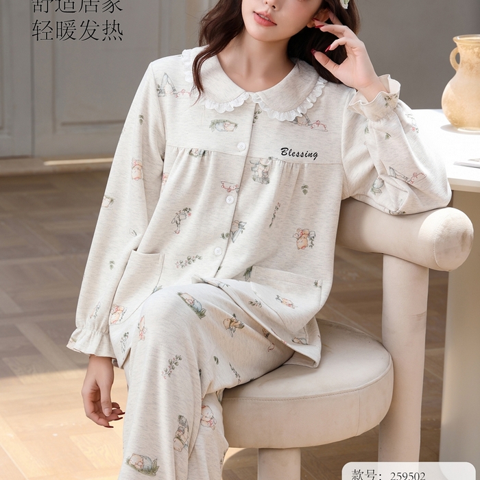 91家纺网 家纺一手货源 找家纺 洛兰沙家居馆 2025新款德绒绵竹加厚300克情侣睡衣男女款睡衣（翻领） 259502（女款）