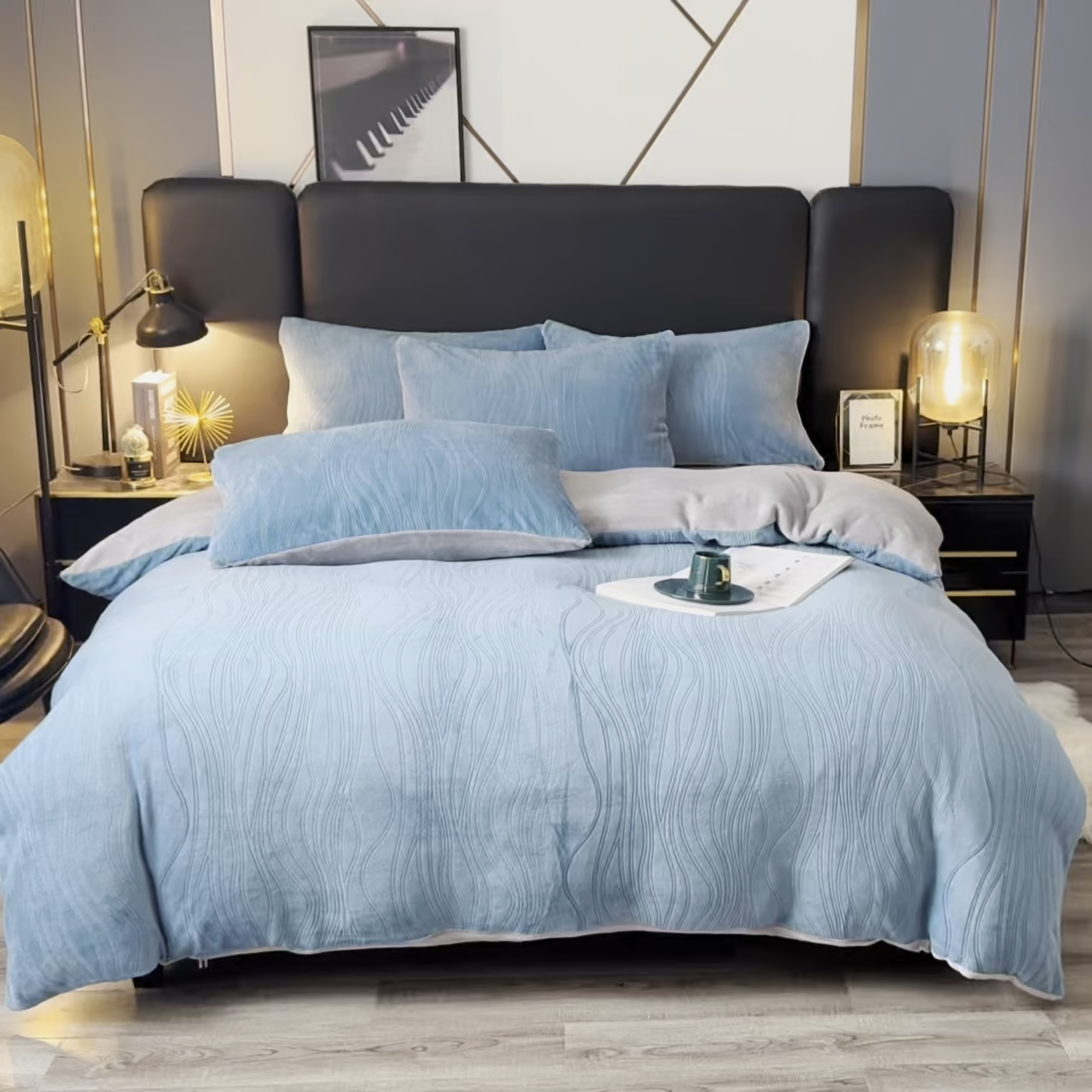 91家纺网 家纺一手货源 找家纺 米瑞娜 2025新款牛奶绒四件套 律动-蓝灰