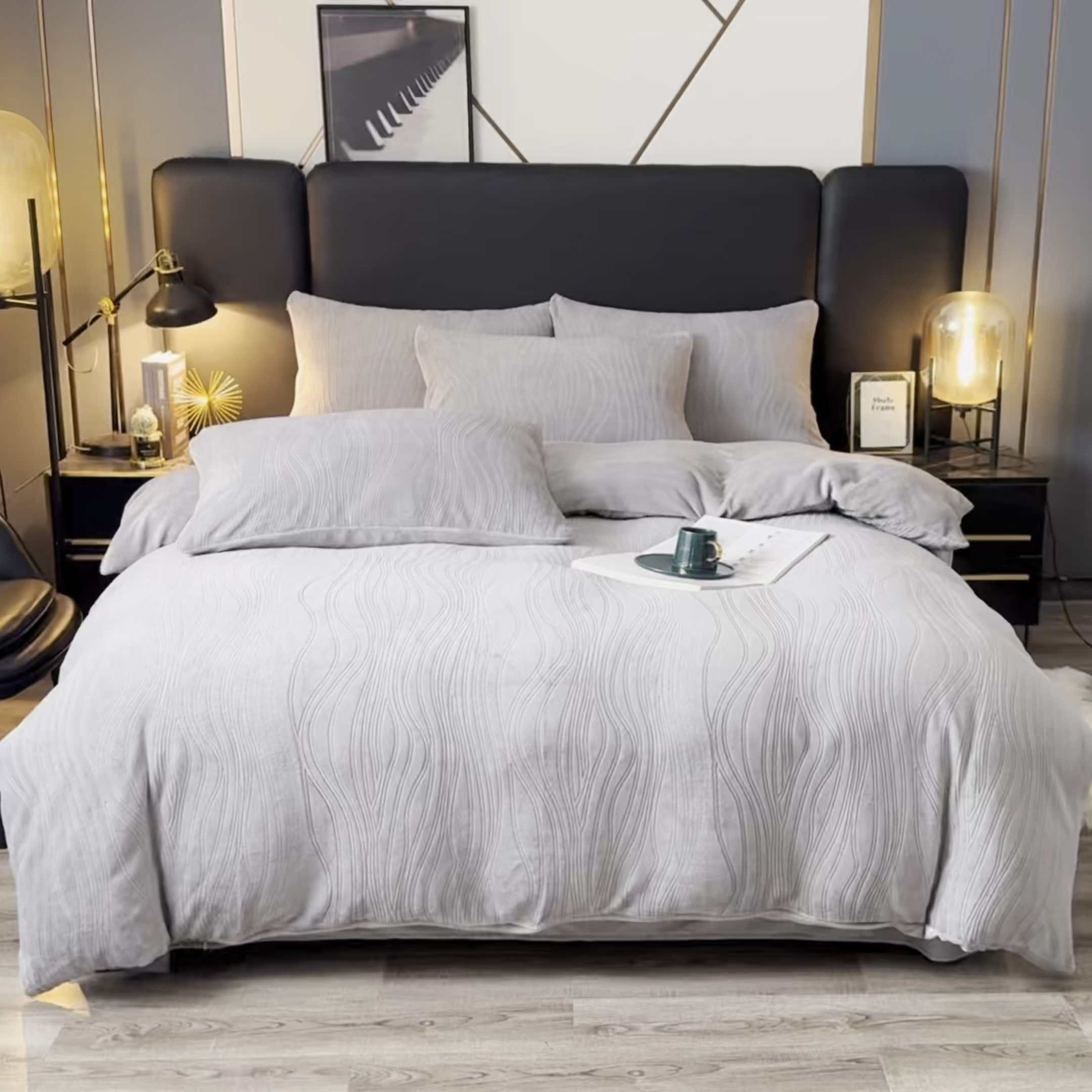 91家纺网 家纺一手货源 找家纺 米瑞娜 2025新款牛奶绒四件套 律动-浅灰