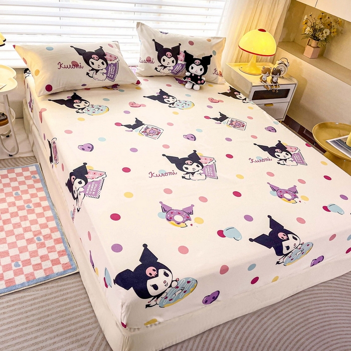 91家纺网 家纺一手货源 找家纺 一电 2024新款四季卡通床笠单件床罩床垫套防滑套宿舍儿童床单定制 波点库洛米